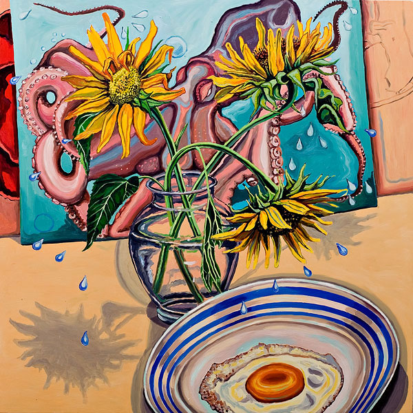 Sunflowers with Fried Eggs, 2008, Oil on Panel, 48 x 48” 